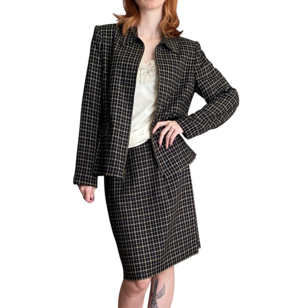 Vintage 90s JG Hook Black Skirt Suit with Blazer Jacket Small Medium Plaid